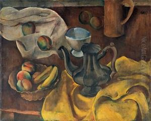 Still Life With Fruit Bowl And Metal Pot by Georges (Karpeles) Kars