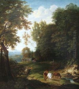 Figures, Horsemenand Cattle On A Wooded Track With A Ruin And Hills In The Distance