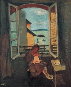 A Woman Sewing Near An Open Window
