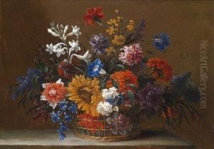 A Pair Of Still Lifes Of Flowers In Baskets