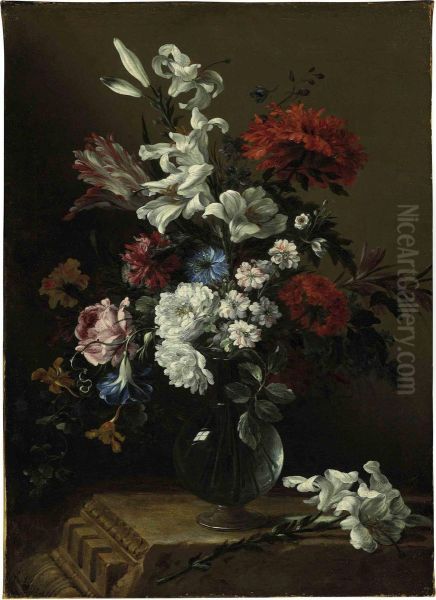 Lilies, Roses, Tulips, Carnations, And Other Flowers In A Glass Vase - view 1
