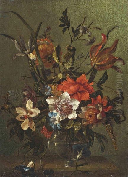 Tulips, Morning-glories, Peonies And Other Flowers In A Glass Vase On A Stone Ledge - view 1