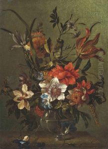 Tulips, Morning-glories, Peonies And Other Flowers In A Glass Vase On A Stone Ledge by Nicolas Baudesson