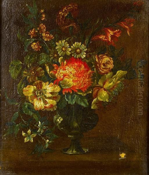Roses, Jasmine, A Chrysanthemum And Otherflowers In A Glass Vase On A Table-top - view 1