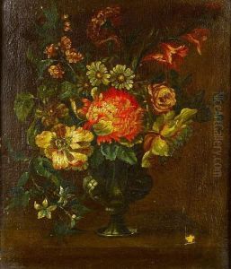 Roses, Jasmine, A Chrysanthemum And Otherflowers In A Glass Vase On A Table-top by Nicolas Baudesson