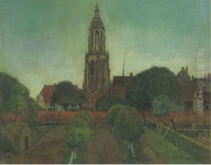 Oude Stadswal En Toren Van Rhenen Bij Avond: A View On Rhenen At Dusk by Eduard Karsen