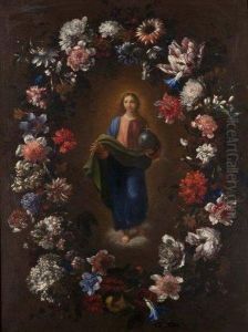 Guirlande De Fleurs Avec L'enfant Jesus Tenant Le Monde Dans Sa Main