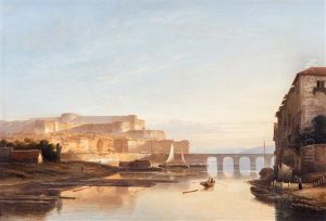 A Sunlit View Of A City Along A River, Probably Koblenz With The Ehrenstein Castle