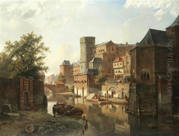 Trading Boats On A Dutch Town Canal - view 1