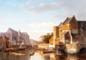 A Capriccio View Of A Dutch Town Along A Canal by Kasparus Karsen