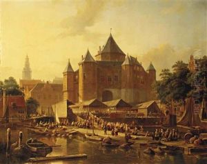 A Fish Market By De Waag On The Nieuwmarkt, Amsterdam by Kasparus Karsen
