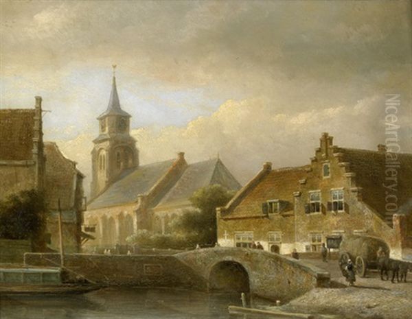 Hollandische Stadt Mit Steinbrucke Uber Einem Kanal - view 1