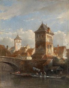 A View Of A Riverside Town With Laundresses by Kasparus Karsen