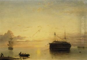 Zwei Schiffe In Der Hafeneinfahrt. Ruhige Abendstimmung by Kasparus Karsen
