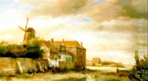 Landschap Met Links Huis En Een Molen En Kinderen Bij Een Muurtje by Kasparus Karsen