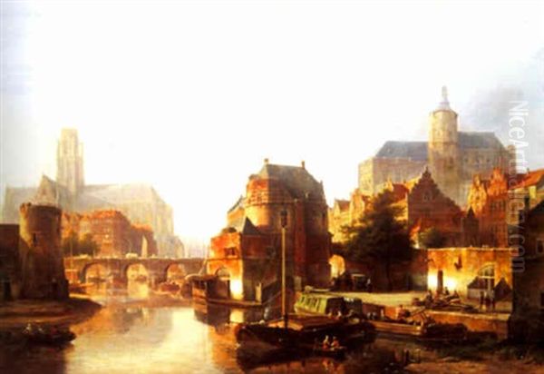 A View Of A Town With Figures Unloading A Boat - view 1