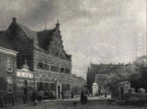 A View In A Town With Numerous Figures On A Square by Kasparus Karsen