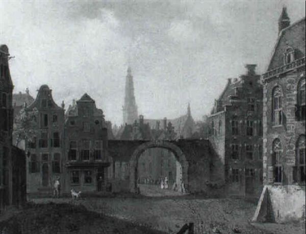 View Of A Town With Elegant Figures By A Gateway - view 1