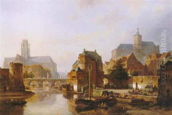 A Town Along A River With Moored Shipping And Figures       Unloading A Flat, Churches Beyond - view 1