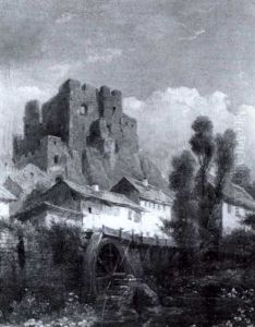 Ansicht Einer Machtigen Burgruine An Deren Fuss Eine        Wassermuhle Von Grossem Was- Serrad Getrieben Wird by Kasparus Karsen