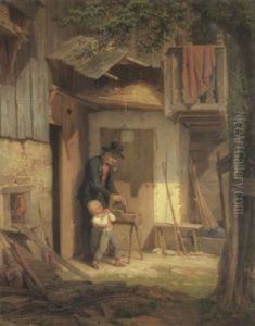 Vor Einem Bauernhaus Schleift Ein Handwerksbursche Die Stumpfen Messer by Adolph Karst