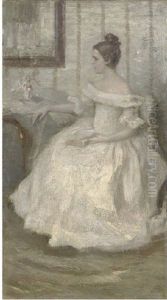 Portrait Of A Lady In White, Seated, Holding A Book by Nikolai Alexeievich Kasatkin
