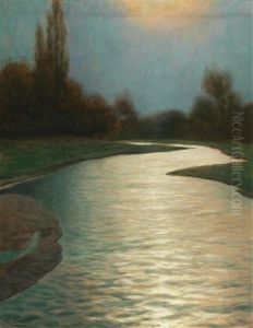 River Landscape In Moonlight by Eduard Kasparides