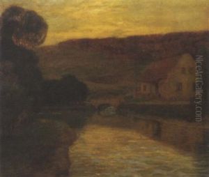 A River Landscape At Sunset by Eduard Kasparides