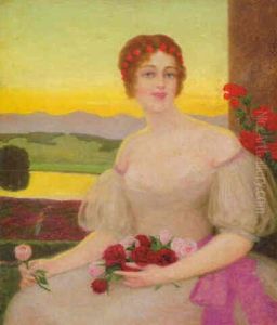 Madchen Mit Rosen Vor Weiter Landschaft by Eduard Kasparides