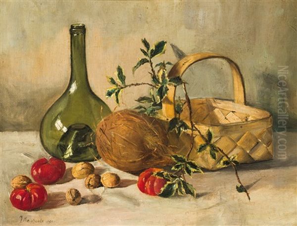 Stillleben Mit Kokosnus, Flasche Und Spankorb - view 1