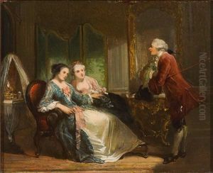 Zwei Damen Lauschen Einem Eleganten Kavalier In Herrschaftlichem Interieur