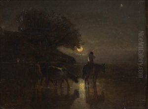 Le Passage Du Gue Au Clair De Lune by Amedee Baudit