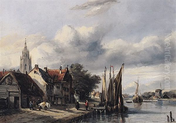 Malerische Kleinstadt An Einem Flusslauf Mit Booten, Windmuhle, Alten Hausern Und Kirche - view 1