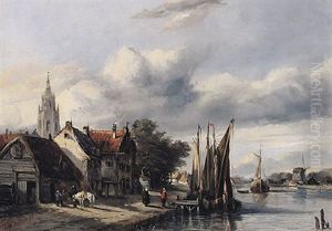 Malerische Kleinstadt An Einem Flusslauf Mit Booten, Windmuhle, Alten Hausern Und Kirche
