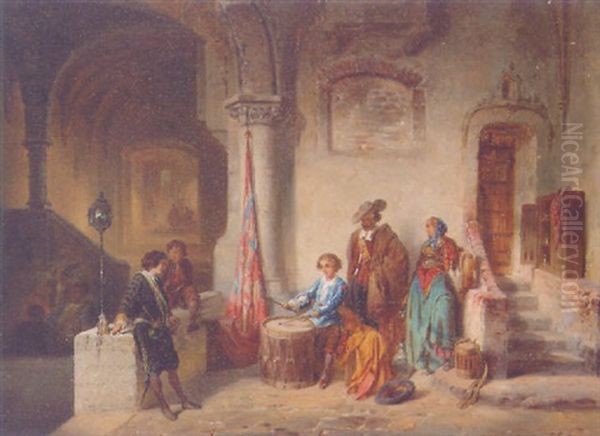Figures Gathered In A Courtyard - view 1