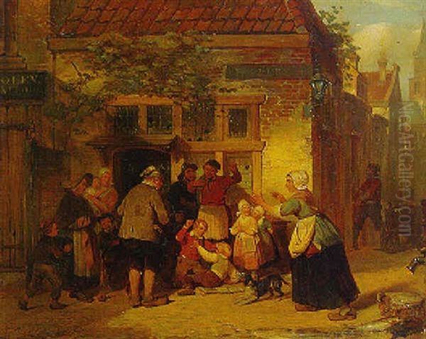 Boys Fighting Outside A Tavern - view 1