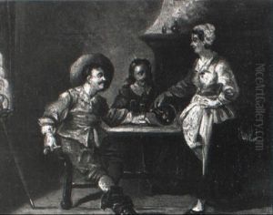 Landsknechte Und Magd In Der Schenke Am Kamin