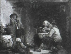 Figures Beside A Fire In An Interior