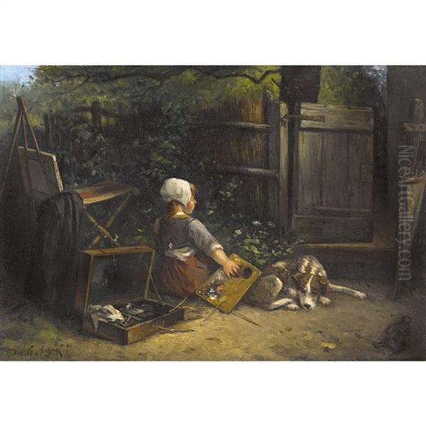 Sitzendes Madchen Mit Malpalette Und Hund - view 1