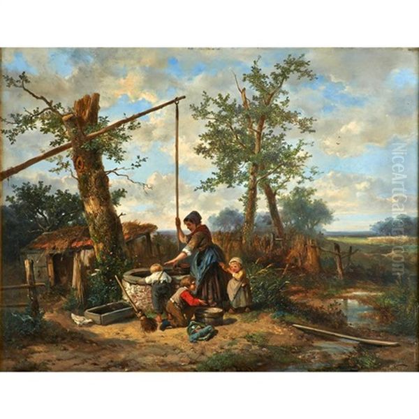 Landscape Of A Woman And Three Children Around A Well - view 1
