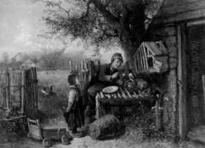 The New Pet - A Genre Scene With Children And A Magpie by Johannes Marius ten Kate