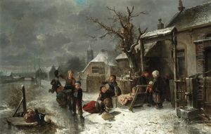 Children Playing On A Frozen Canal by Mari ten Kate