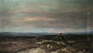 Bauer Mit Schafherde In Der Abenddammerung by Mari ten Kate