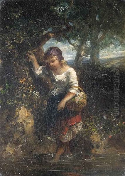 A Young Girl, Crossing A Stream - view 1