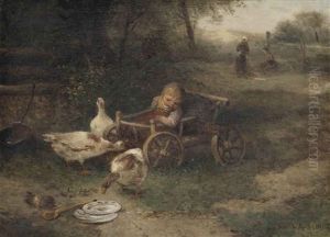 A Child In A Pull-along Wagon Watching The Ducks A Child In A Pull-along Wagon Watching The Ducks