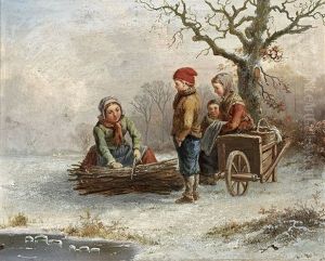 Winterlandschaft Mit Kindern, Die Reisig Sammeln Winterlandschaft Mit Kindern, Die Reisig Sammeln