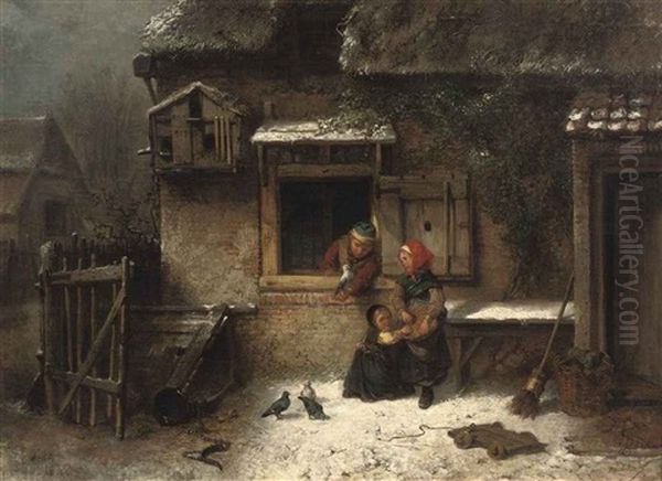 Feeding The Pigeons In Winter - view 1
