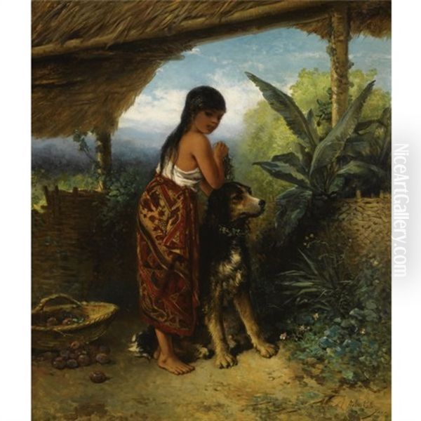 A Javanese Girl Tending To Her Dog - view 1