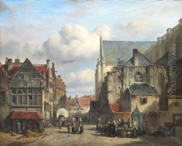 Hollandische Stadtansicht Mit Regem Markttreiben - view 1