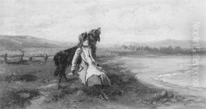 A Girl With A Black Setter On A Dune Overlooking A Beach A Girl With A Black Setter On A Dune Overlooking A Beach